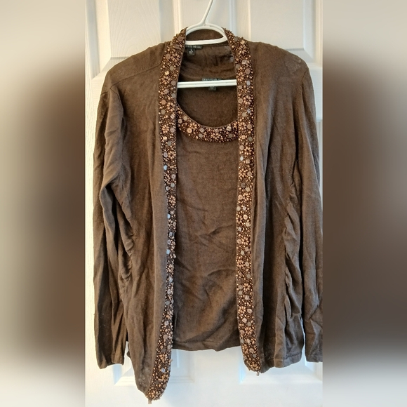 Lafayette 148 New York Sweaters - Lafayette 148 New York Linen Blend Tank & Cardigan Sweater Set – Brown – Beaded